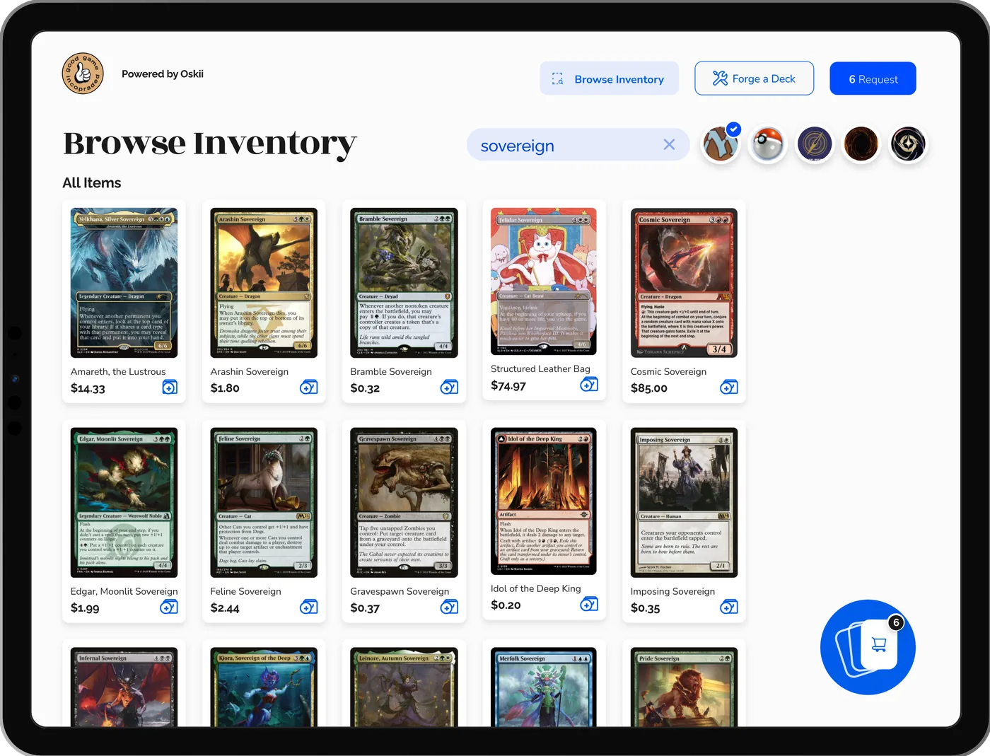 The Oskii counter kiosk on an iPad, showing a search for 'sovereign' across a grid of in-stock cards with prices