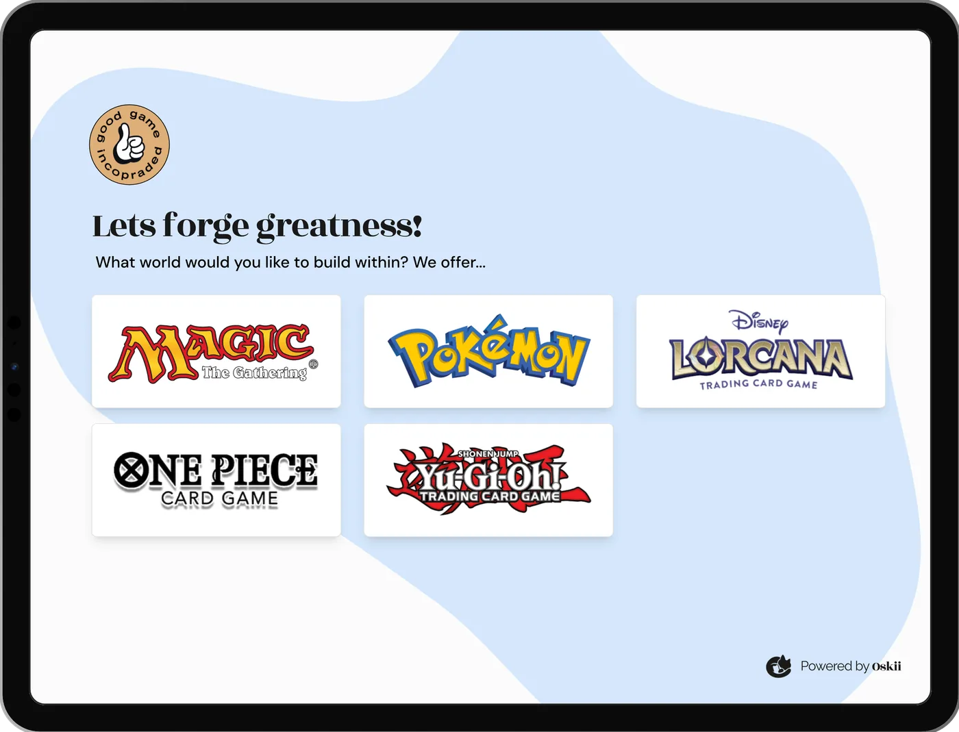 The Deck Forge opening screen on the kiosk, asking which game to build a deck for