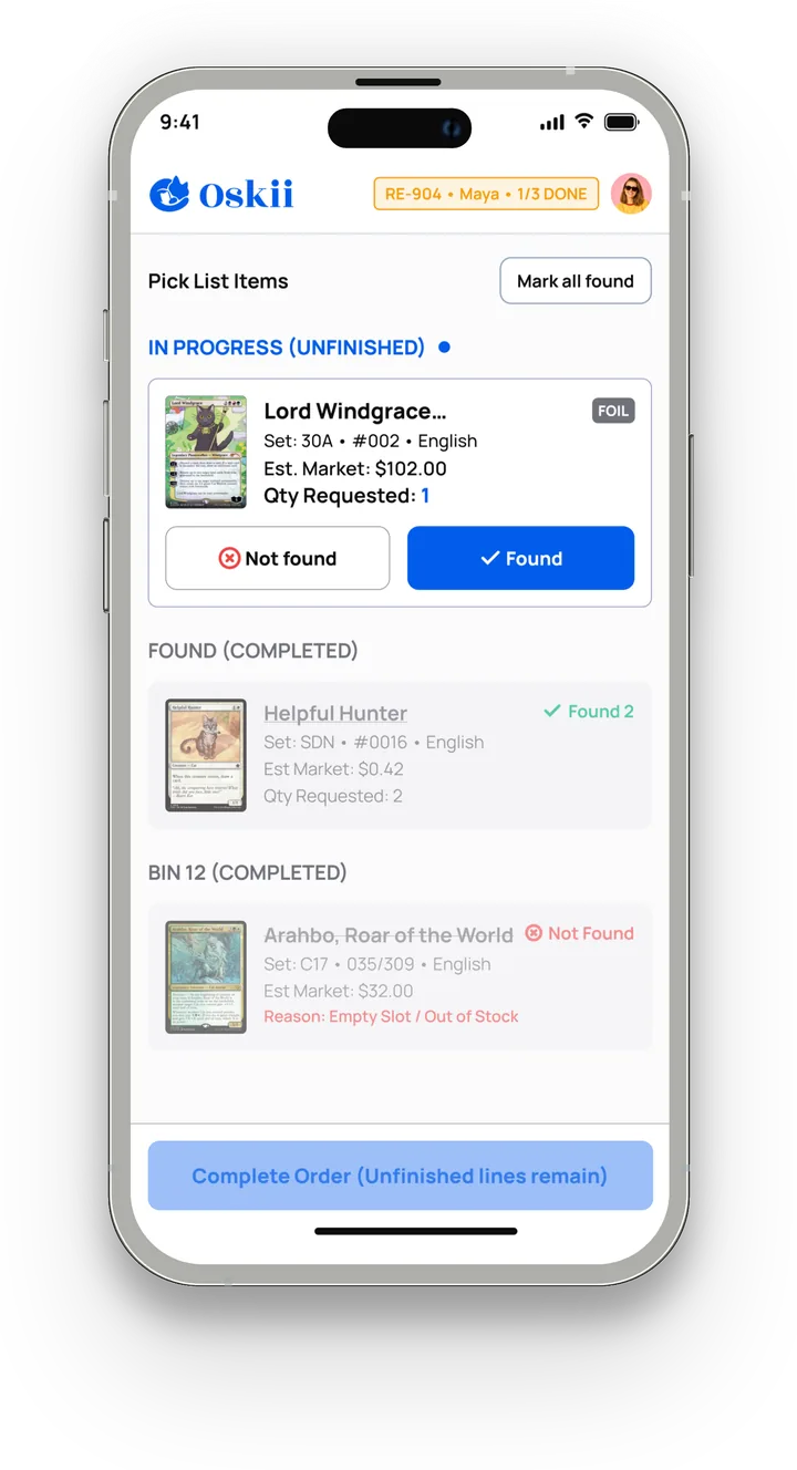 The staff pick list on a phone, each line showing the card, the quantity requested and its bin, with Found and Not found buttons